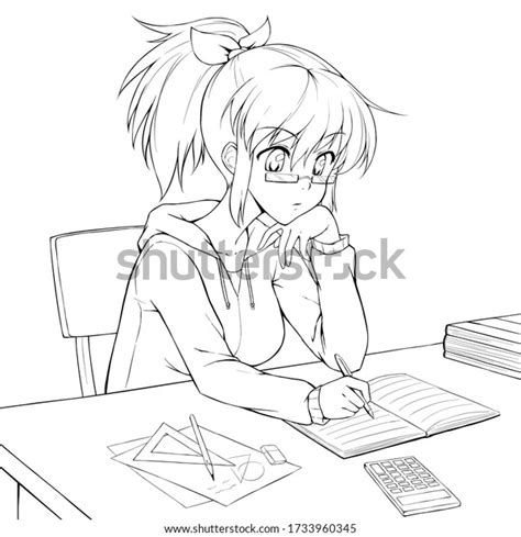 Cute Anime Girl Doing Homeworkstudying Stock Illustration 1733960345