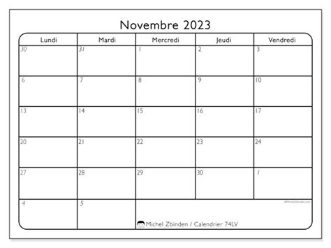 Calendrier Novembre 2023 à Imprimer “74ld” Michel Zbinden Be