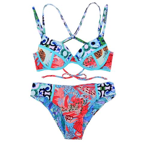Two Piece Swimwear Women 2019 Bikini Sexy Print Bikini Bandage Push Up Padded Swimming Suits