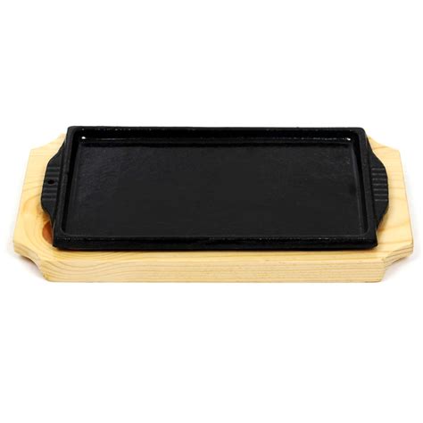Small Rectangular Cast Iron Steak Plate With Heat Proof Wood Tray Metal