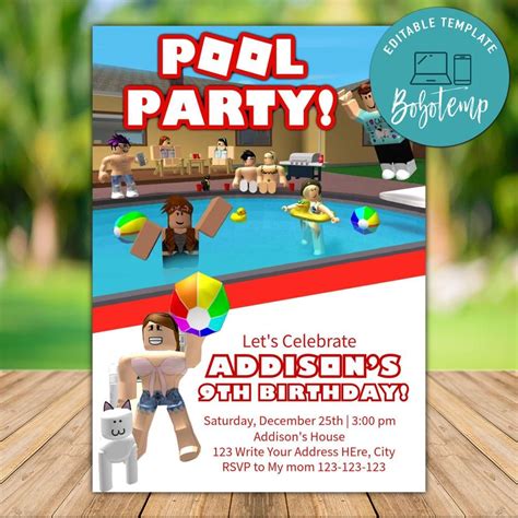 Printable Roblox Pool Party Invitation Instant Download Bobotemp