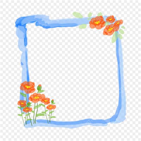 Red Flower Decoration Blue Border Handwriting PNG Flower Border