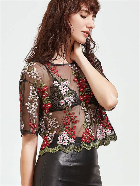 Lace Trim Blossom Embroidered Mesh Top SheIn Sheinside