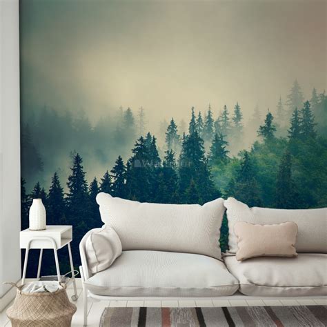 Misty Pine Forest Wallpaper Mural Wallpaper Wallmur