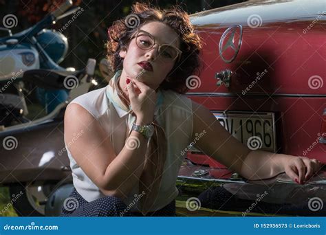 Attractive Pinup Girl Posing Beside Retro Car Mercedes Benz Editorial