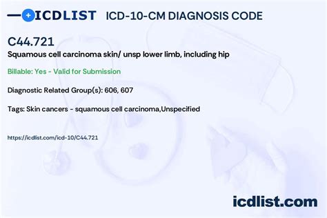 Icd 10 Cm Diagnosis Code C44721 Squamous Cell Carcinoma Of Skin Of