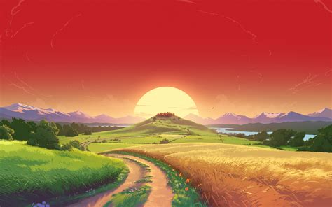 Download Fantasy Dream Landscape Pathway Hill And Sun Sunset Art