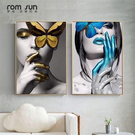 Abstract Wall Art Pictures Woman Butterfly Lips Gold And White Black