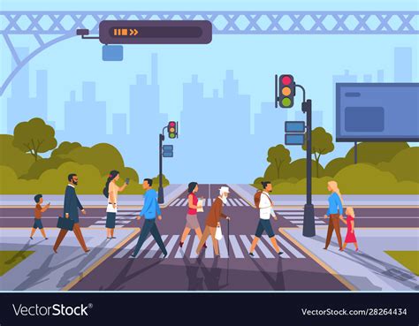 Cartoon Pedestrians City Crosswalk With Diverse Vector Image
