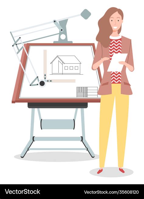Girl Architect Working On Project Drawing New Vector Image