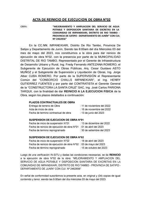 Acta De Reinicio De Ejecucion De Obra N 02 Acta De Reinicio De