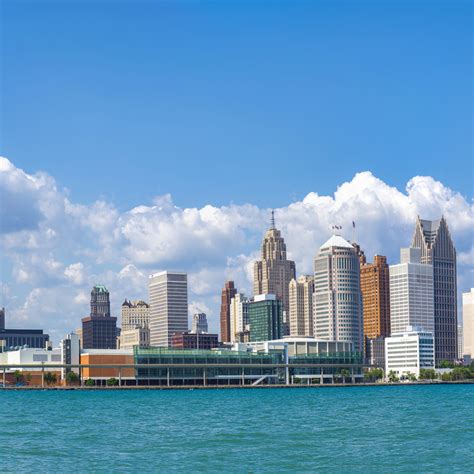 Panoramic view of Detroit skyline from Windsor, Ontario.