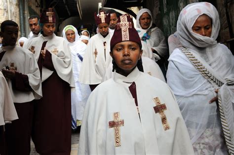 Deaconesses Ethiopian Orthodox Christians Walk On Via Dolorosa On Good