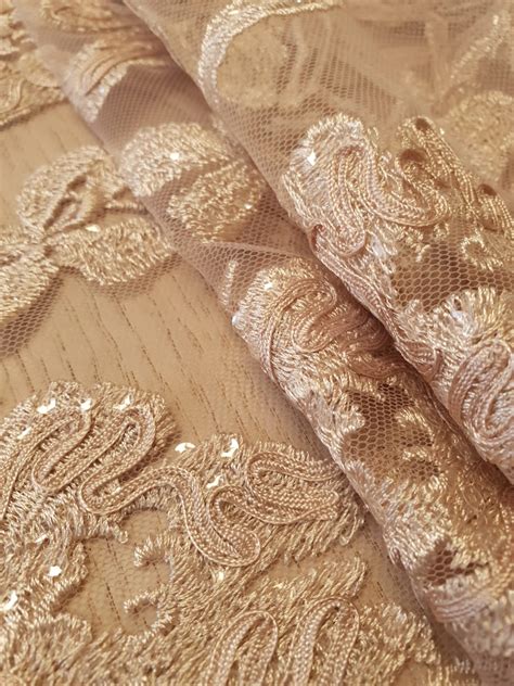 Beige Floral Pattern Embroidery With Sequins On Tulle Lace Fabric 3d