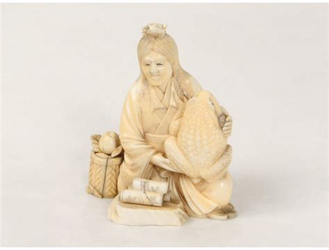 Okimono Carved Ivory Statuette Old Woman Toads Fruit Nineteenth Japan