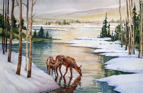Deer By Snowy Winter Lake Original Watercolor Painting