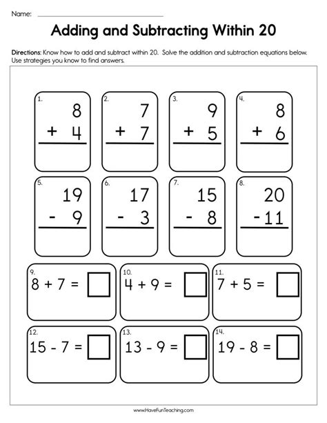 Adding And Subtracting Numbers To 20 Worksheets