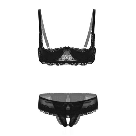 Porno Womens Ladies Lace Lingerie Set Sexy Open Cup Unlined Shelf Bra With Panty Open Crotchless