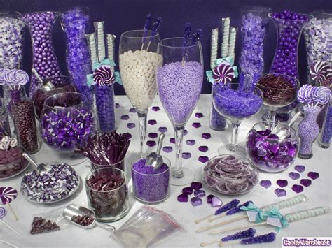 The bright blue color is a sweet addition to your boy baby shower or welcome baby party. Purple Candy Buffet | Featuring the color of royalty, this ...