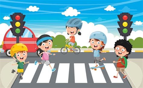 Ilustração De Crianças Andando Pela Faixa De Pedestres Vetor Premium