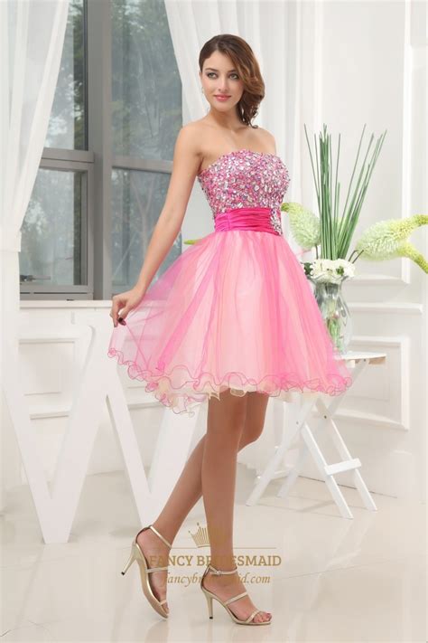 Short Layered Prom Dresses Hot Pink Strapless Homecoming Dresses Strapless Sweetheart Sequin