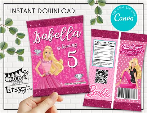 Buy Printable Barbie Chip Bags Barbie Party Edit On Canva Online In
