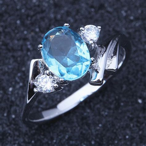 Oval Blue Cz Crystals Wedding Rings For Women Micro Paved Aaa Zircon