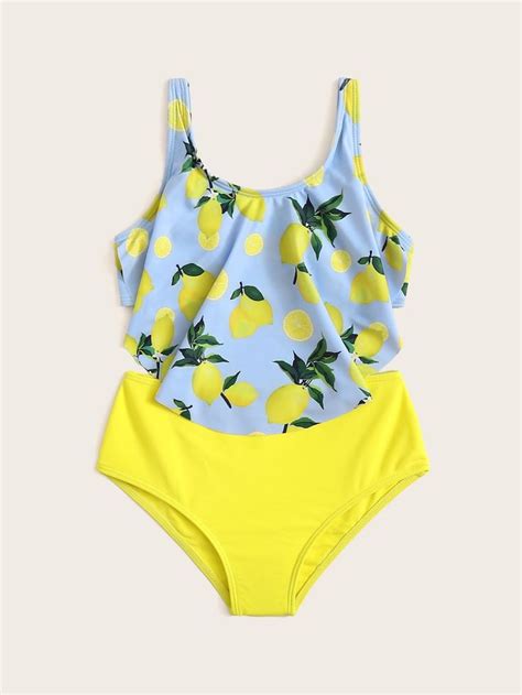 Girls Random Lemon Print Hanky Hem Bikini Set Shein Swimwear Girls My