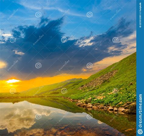 Small Lake In Green Mountain Valley At The Sunset Stock Image Image