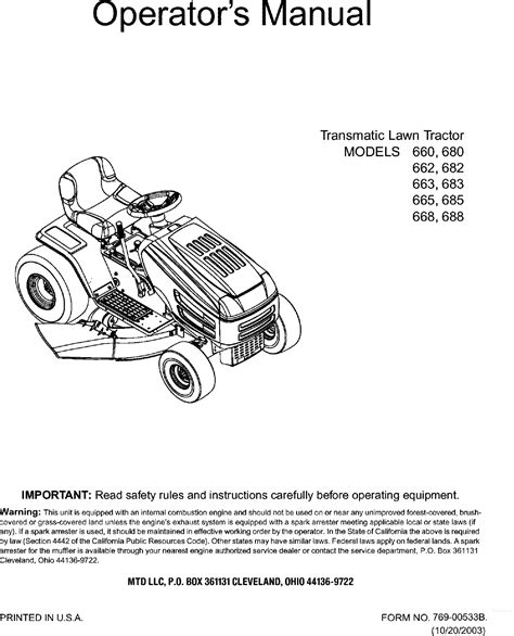 Mtd 13a6673g118 User Manual Lawn Tractor Manuals And Guides L0404192