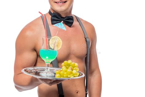 Waiter With A Naked Torso Reserved A Glass Of Wine Stock Photo Image