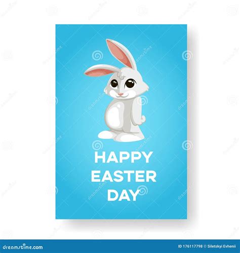Easter Congratulation Card With A Cute Bunny With Big Eyes Blue Background Stock Vector