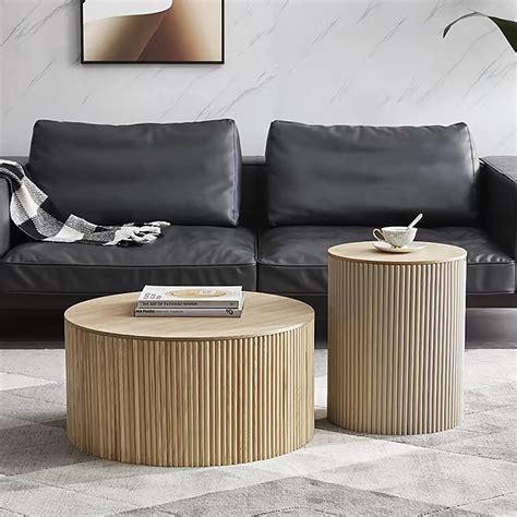 400mm Japandi Round Wood Coffee Table With Storage In Natural Living