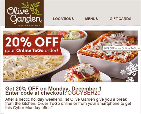 Just click on this link for any available deals, and while you're there sign up for emails to get discounts and more, right in your inbox! Olive garden coupons printable code for restaurant lunch ...