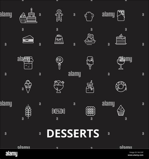 Desserts Editable Line Icons Vector Set On Black Background Desserts