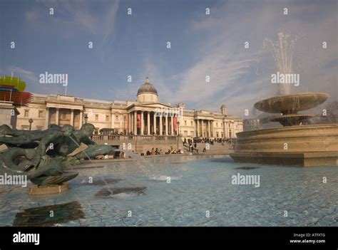 The National Gallery And Fountains In Trafalgar Square London Stock
