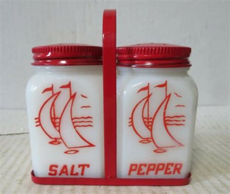 Vintage Red Hazel Atlas McKee Art Deco Milk Glass Sailboat Salt Pepper