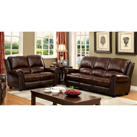 Furniture Of America Garry 2 Piece Top Grain Leather Match Sofa Set In