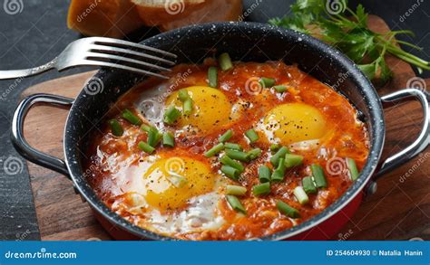 Shakshouka Eggs Poached In Sauce Of Tomatoes Olive Oil Peppers
