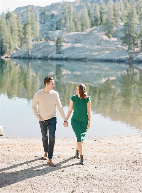 Lake Tahoe Engagement Session With Emerald Green Dress With Keyhole