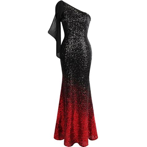 Angel Fashions Asymmetric Ribbon Gradient Sequin Prom Dress Black Red