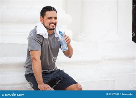 Attractive Athlete Drinking Water Outdoors Stock Image Image Of Beard