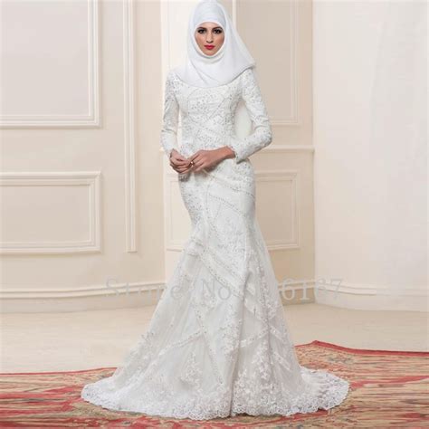 2017 Islamic Muslim Style Wedding Dresses Mermaid Long Sleeves Beaded Lace High Neckline Turkish