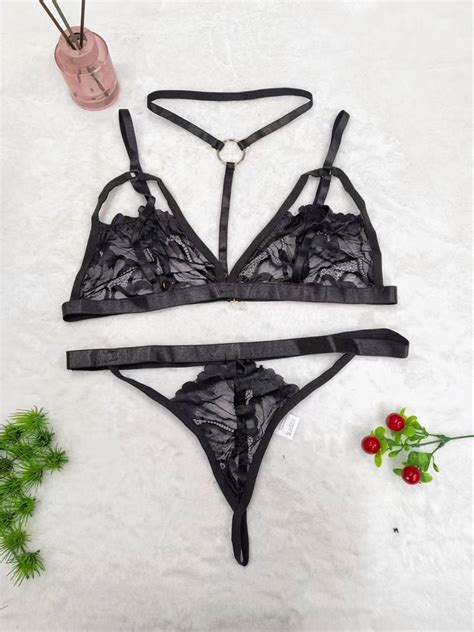 Plus Size Floral Print Contrast Lace Semi Sheer Bra Panties Set Womens Plus Cut Out Sexy