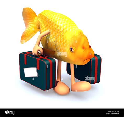 Red Fish With Arms And Legs That Take A Suitcase 3d Illustration Stock