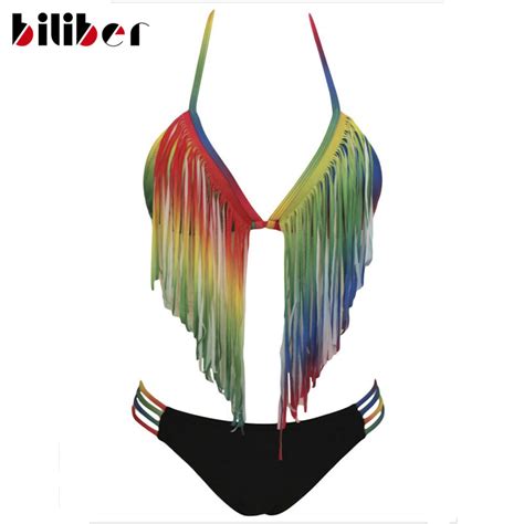 Long Fringe Swimsuit Top Halter Bikini Tassel Sexy Cut Out Bottom Cheap Swimsuit 2015 New Padded