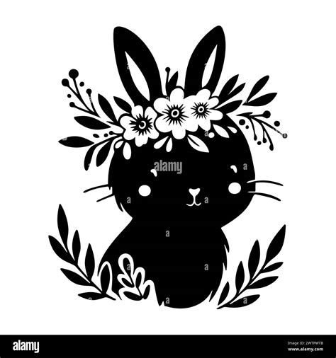 Cute baby bunny with flower wreath, silhouette, easter holiday. Vector