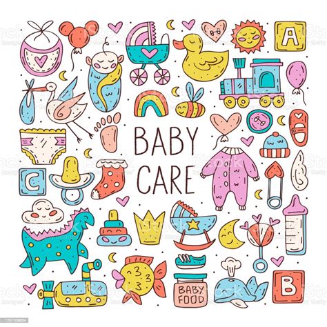 Baby Care Cute Hand Drawn Doodle Vector Clip Art Stock Illustration
