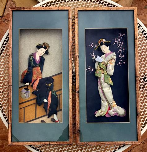 Vintage Japanese Geisha Girl Shadow Box Dolls Set Framed Wall Picture