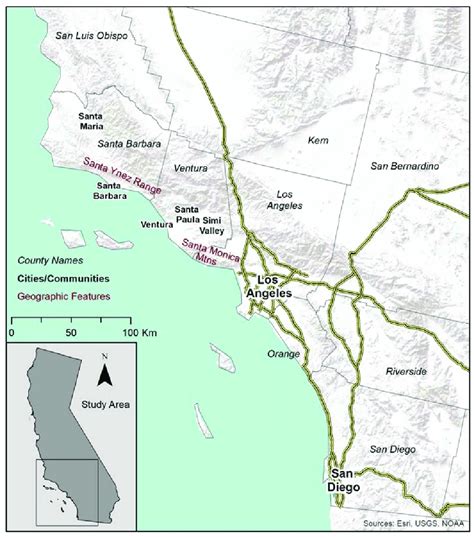 Study Area In Southern California Showing The Topography Of The Region